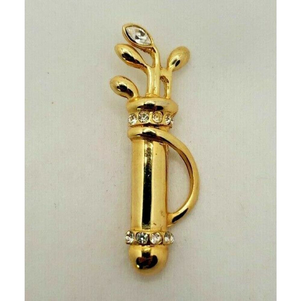 Vintage Gold Tone Golf Bag And Clubs Brooch / Pin With Rhinestones